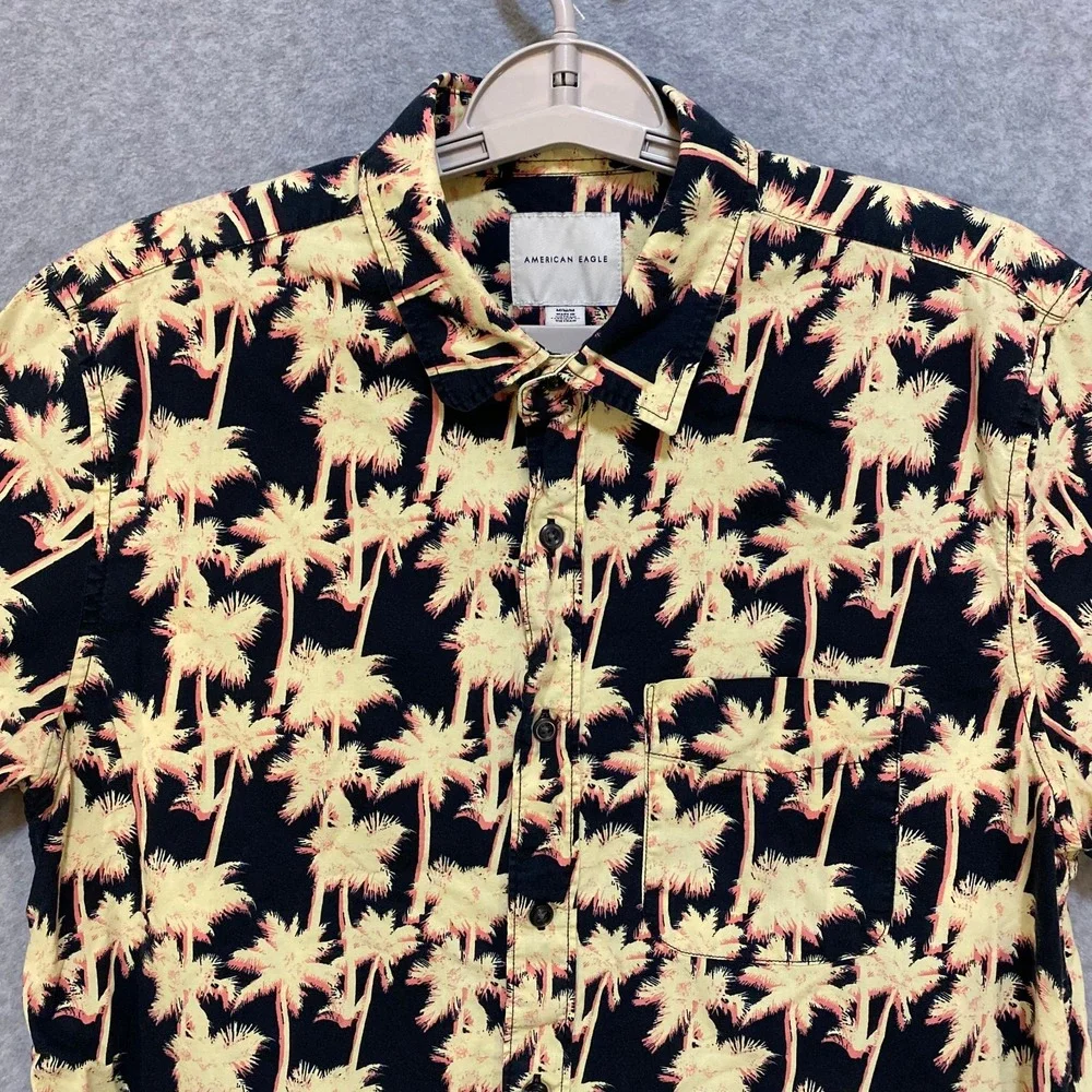 American Eagle Men's M Button Up Shirt Black Yellow 100% Cotton Palm Tree Print